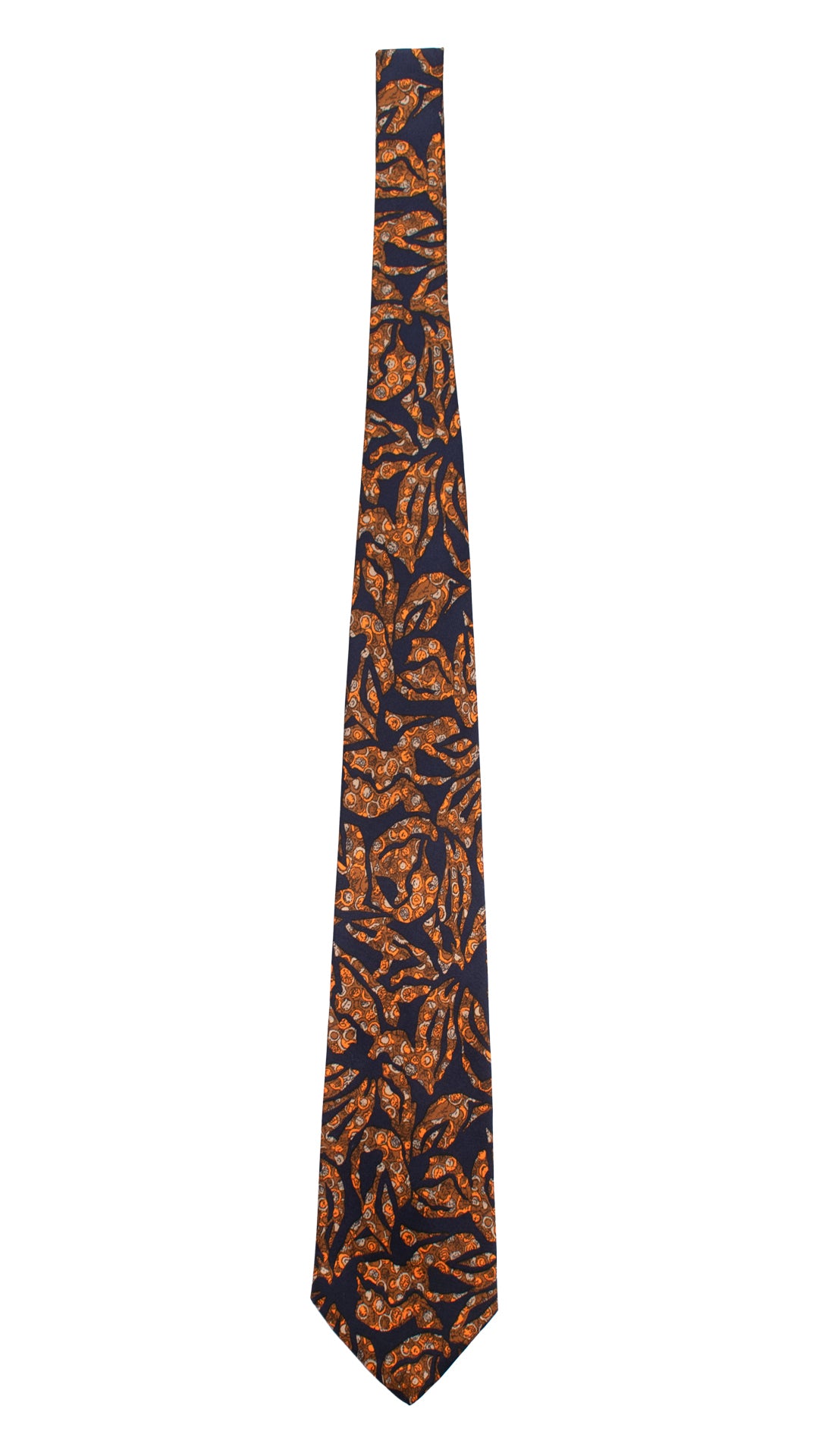 Cravatta Vintage in Twill di Seta Blu Fantasia Marrone Grigia Arancione CV787 Intera