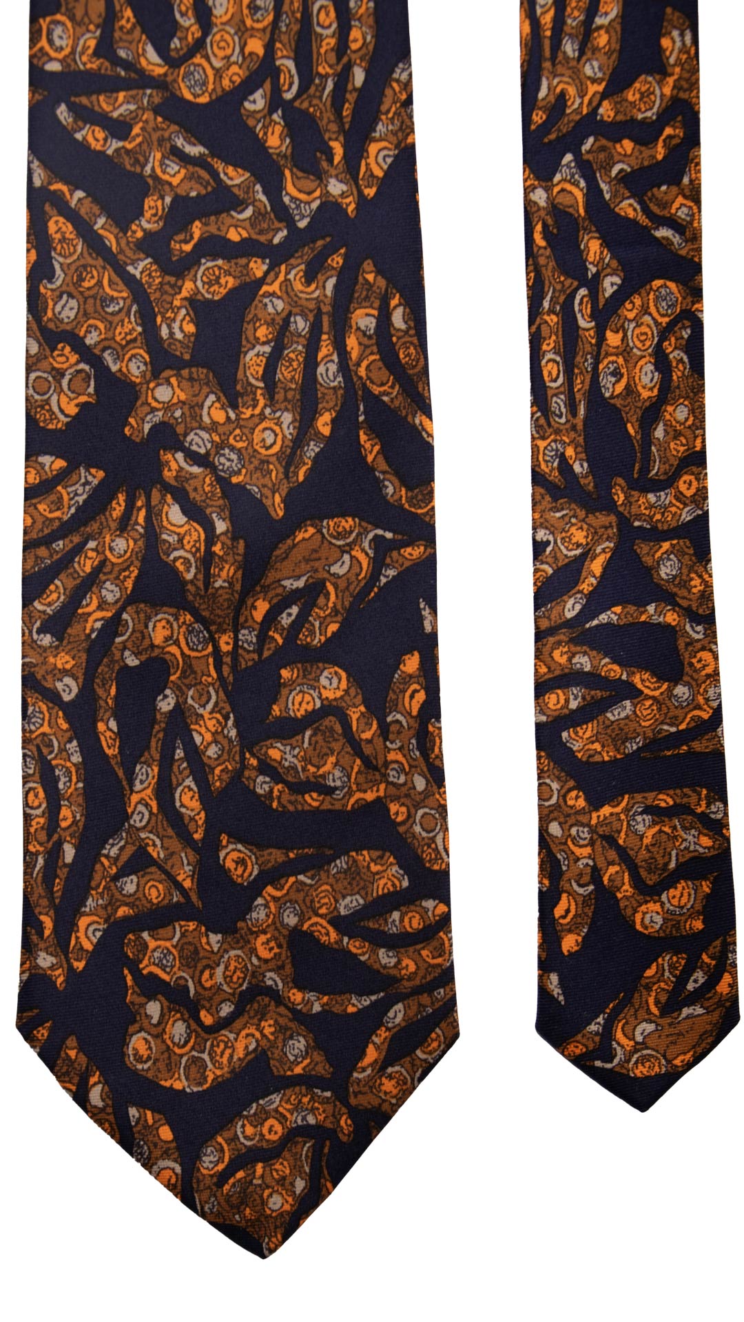 Cravatta Vintage in Twill di Seta Blu Fantasia Marrone Grigia Arancione CV787 Pala