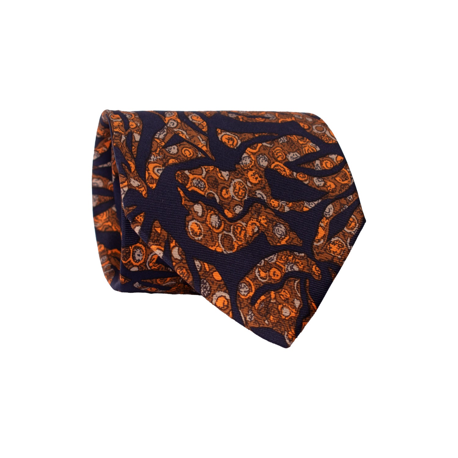Cravatta Vintage in Twill di Seta Blu Fantasia Marrone Grigia Arancione CV787 Rotolo