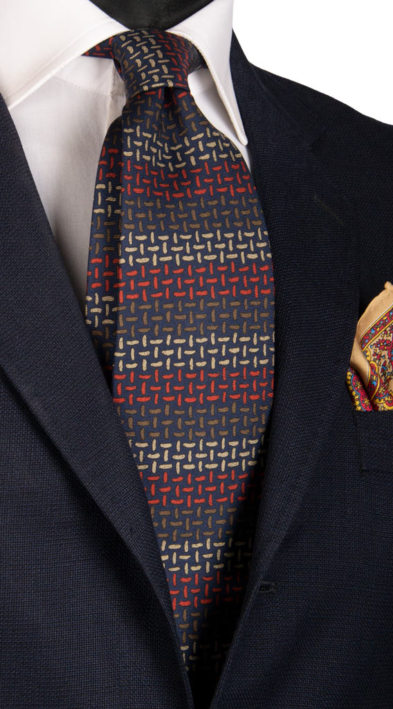 Cravatta Vintage in Twill di Seta Blu Fantasia Marrone Rosso Beige Made in Italy Graffeo Cravatte