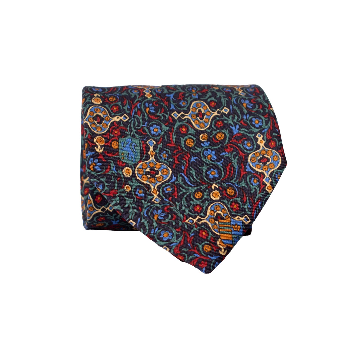 Cravatta Vintage in Twill di Seta Blu Fantasia Multicolor CV814 Rotolo