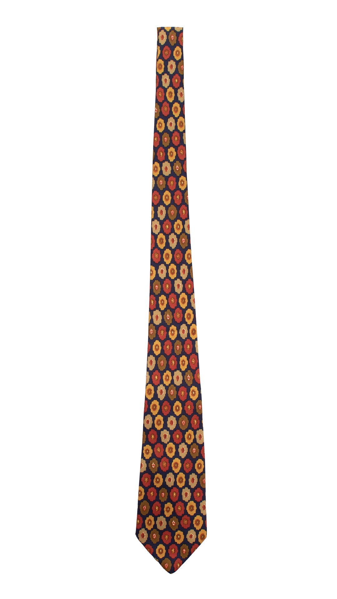 Cravatta Vintage in Twill di Seta Blu Fantasia Senape Rosso Mattone Verde CV757 Intera