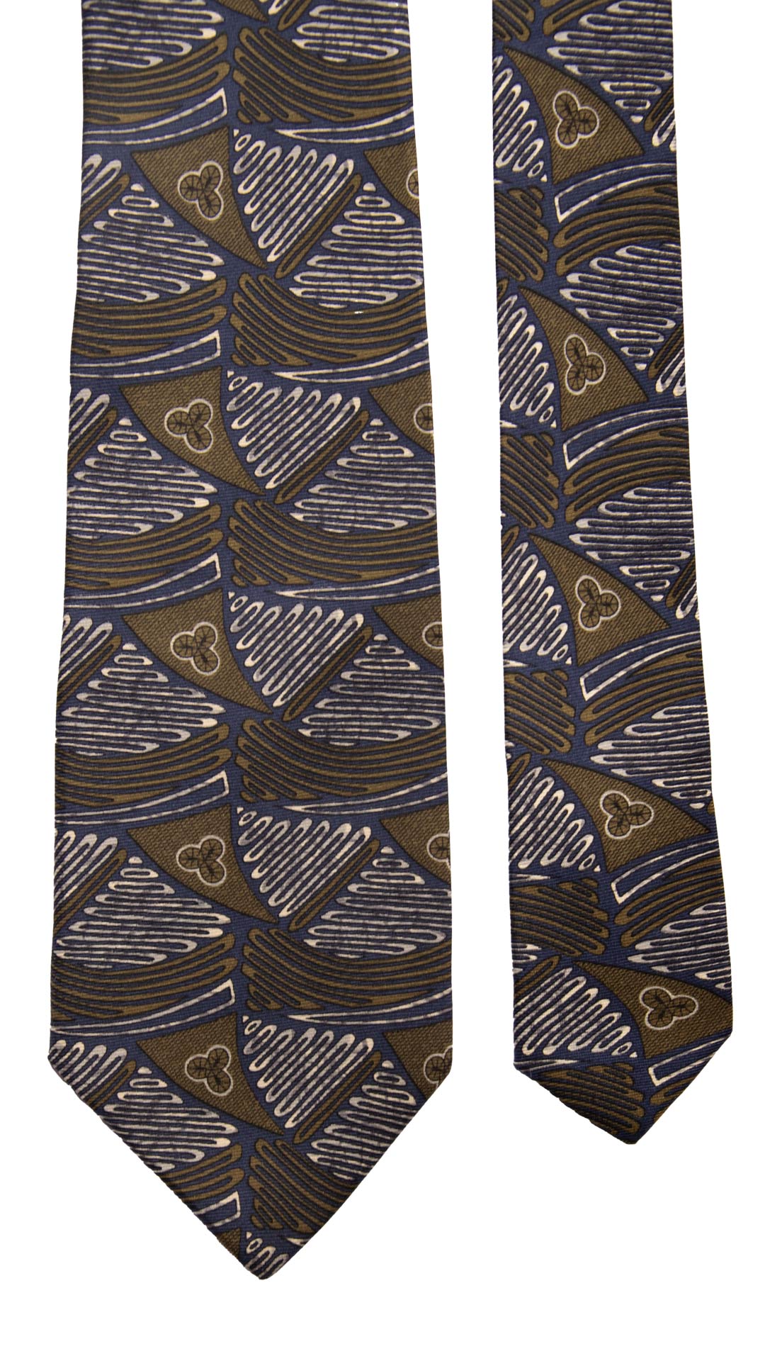 Cravatta Vintage in Twill di Seta Blu Fantasia Verde Avorio CV795 Pala