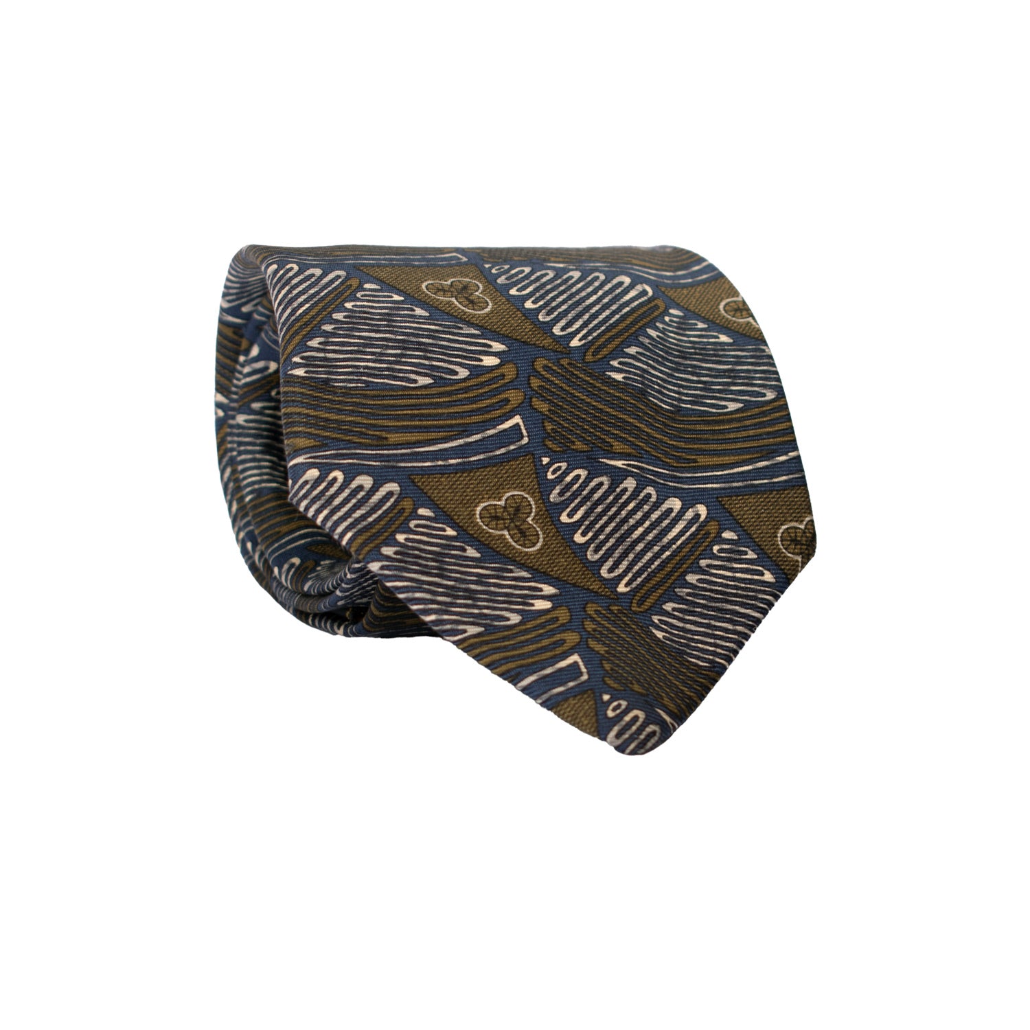 Cravatta Vintage in Twill di Seta Blu Fantasia Verde Avorio CV795 Rotolo