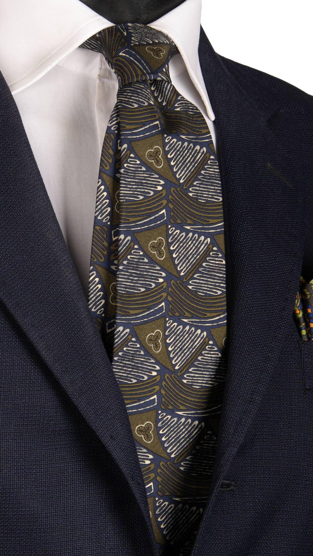 Cravatta Vintage in Twill di Seta Blu Fantasia Verde Avorio CV795 Made in Italy Graffeo Cravatte