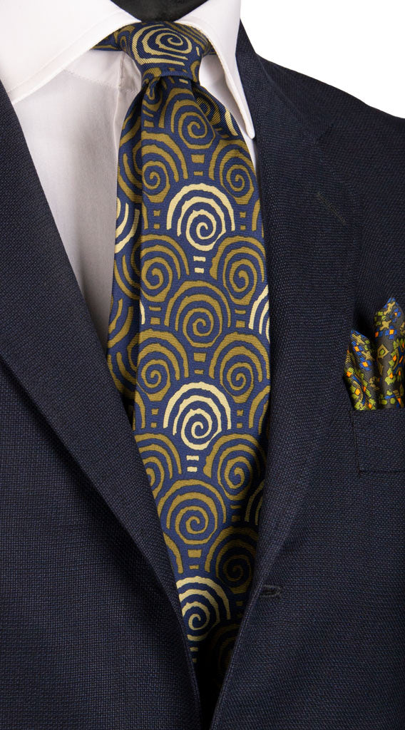 Cravatta Vintage in Twill di Seta Blu Fantasia Verde Beige Made in italy Graffeo Cravatte
