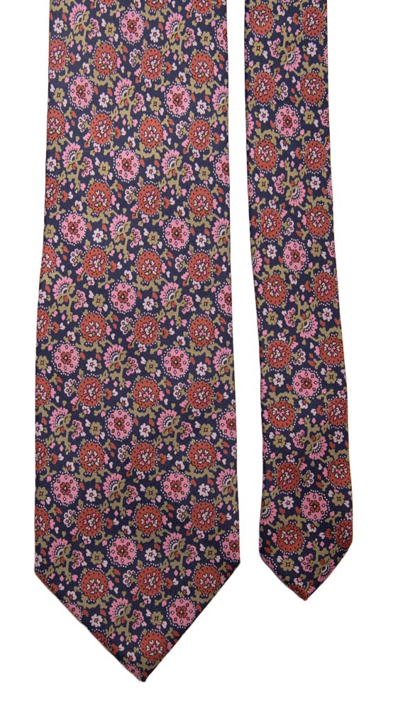 Cravatta Vintage in Twill di Seta Blu Fantasia a Fiori Rosa Arancione Made in Italy Graffeo Cravatte Pala