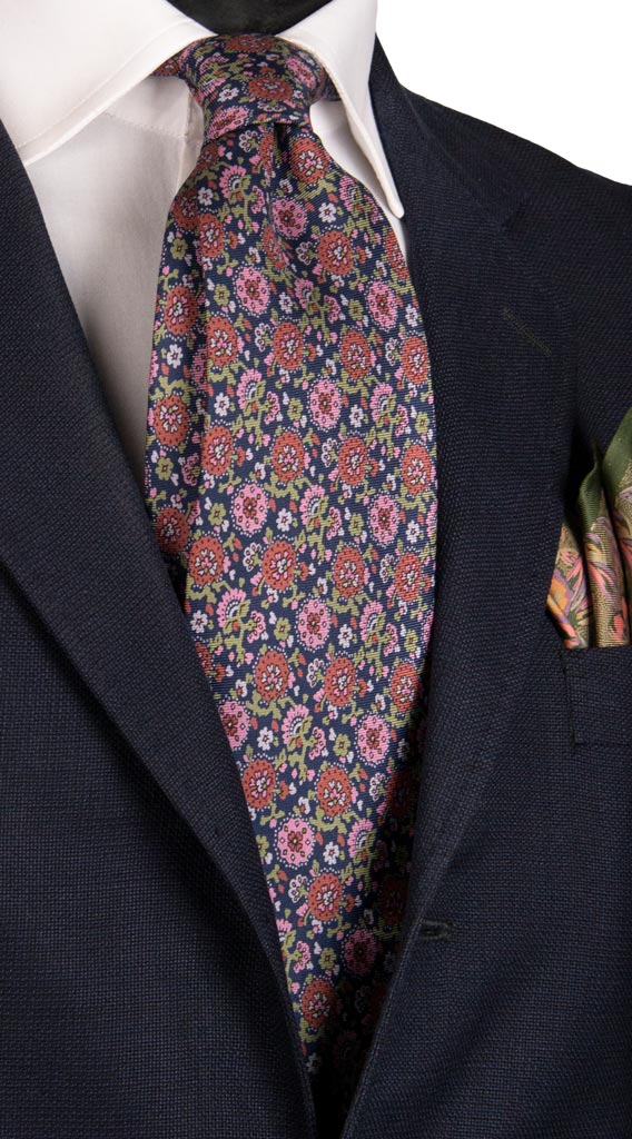 Cravatta Vintage in Twill di Seta Blu Fantasia a Fiori Rosa Arancione Made in Italy Graffeo Cravatte