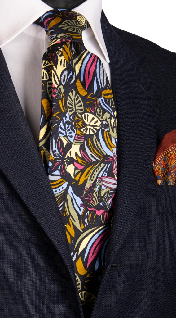 Cravatta Vintage in Twill di Seta Blu a Fiori Multicolor Made in Italy Graffeo Cravatte