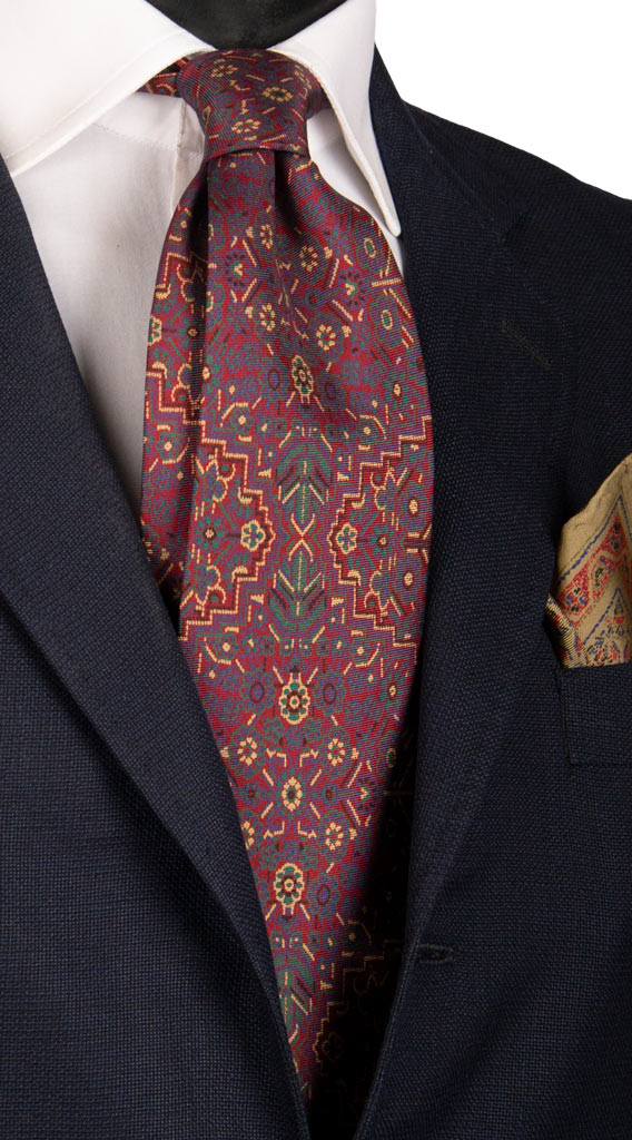 Cravatta Vintage in Twill di Seta Bordeaux Fantasia Geometrica Multicolor Made in Italy Graffeo Cravatte