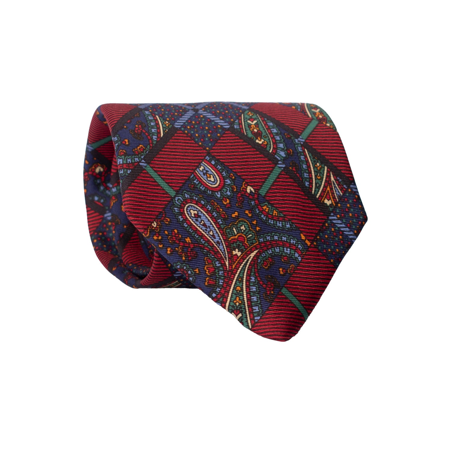 Cravatta Vintage in Twill di Seta Bordeaux Fantasia Multicolor CV829 Rotolo