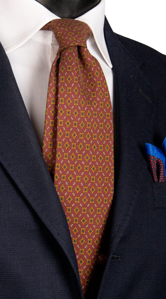Cravatta Vintage in Twill di Seta Bordeaux Fantasia Ruggine Blu Made in Italy Graffeo Cravatte
