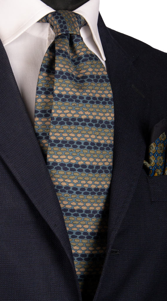 Cravatta Vintage in Twill di Seta Carta Da Zucchero Fantasia Blu Beige Made in Italy Graffeo Cravatte