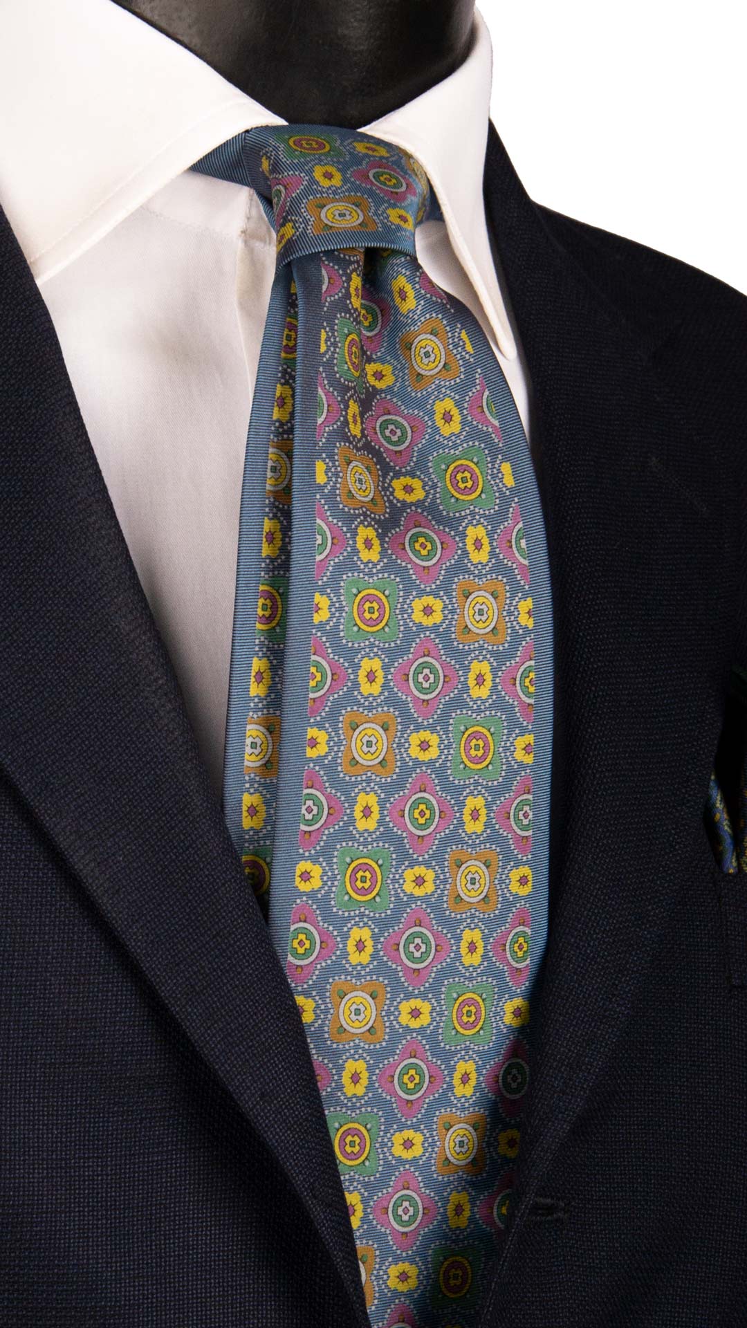 Cravatta Vintage in Twill di Seta Ceruleo Fantasia Multicolor CV1018 Made in Italy Graffeo Cravatte