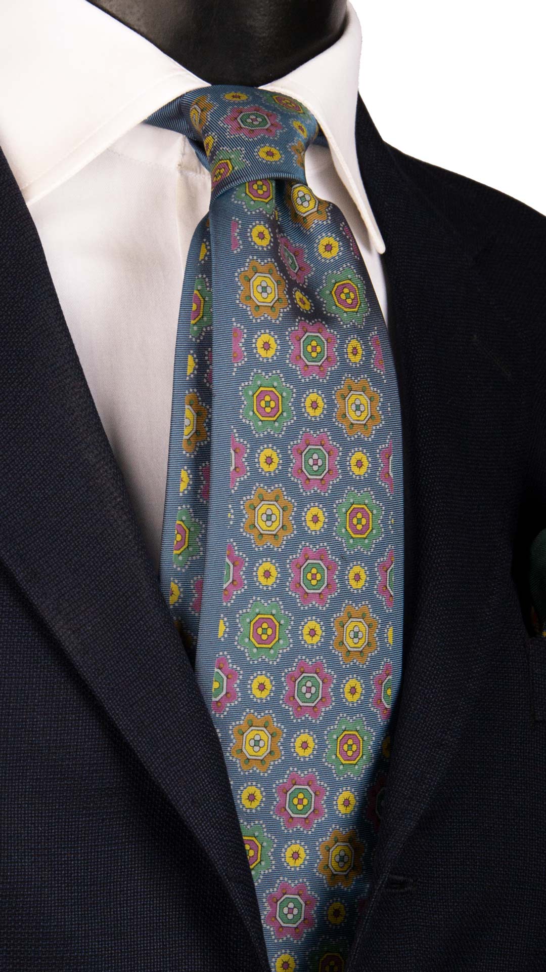 Cravatta Vintage in Twill di Seta Ceruleo Fantasia Multicolor CV1021 Made in Italy Graffeo Cravatte