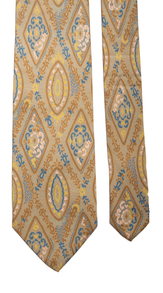 Cravatta Vintage in Twill di Seta Color Corda Fantasia Giallo Ocra Blu Made in Italy Graffeo Cravatte Pala