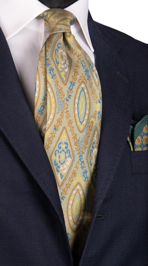 Cravatta Vintage in Twill di Seta Color Corda Fantasia Giallo Ocra Blu Made in Italy Graffeo Cravatte