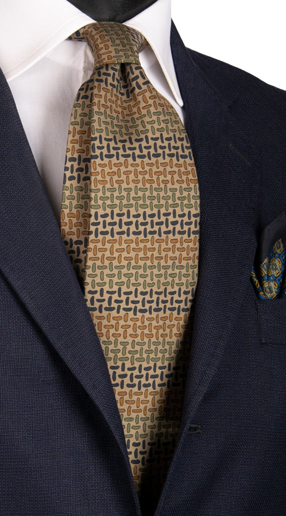 Cravatta Vintage in Twill di Seta Color Corda Fantasia Marrone Blu Verde Made in Italy Graffeo Cravatte