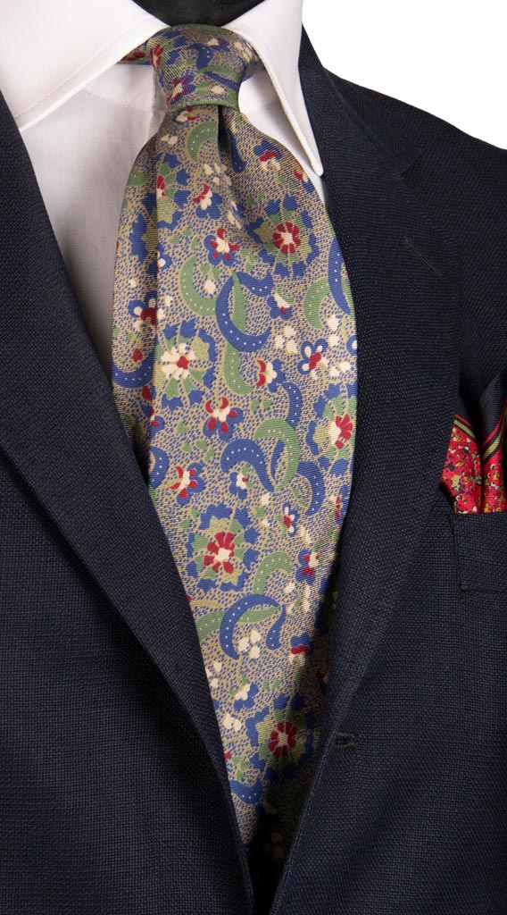 Cravatta Vintage in Twill di Seta Color Corda Fantasia Rosso Blu Verde Made in Italy Graffeo Cravatte