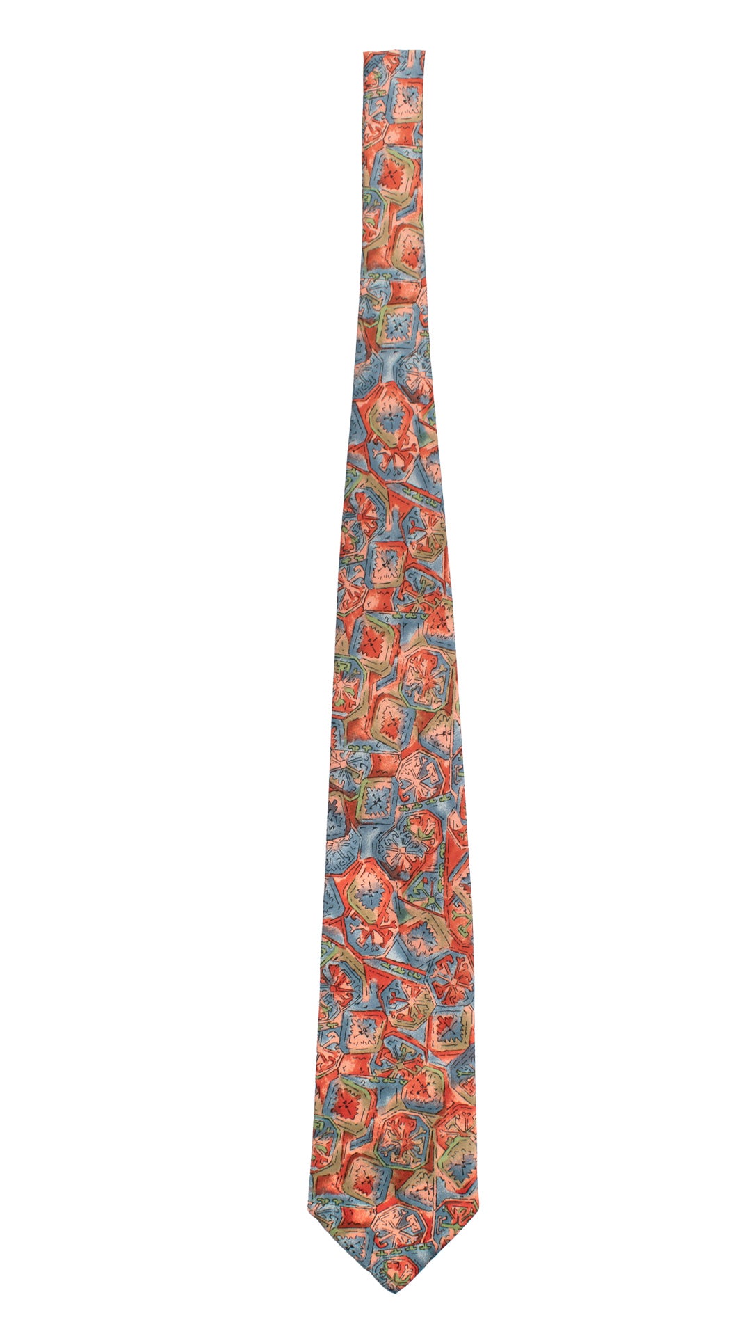 Cravatta Vintage in Twill di Seta Fantasia Rosa Arancione Ceruleo CV810 Intera