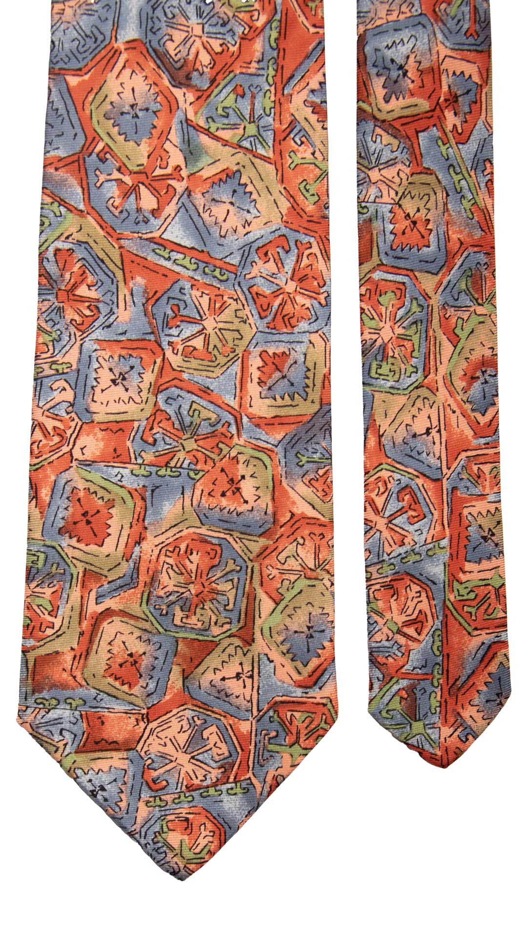 Cravatta Vintage in Twill di Seta Fantasia Rosa Arancione Ceruleo CV810 pala