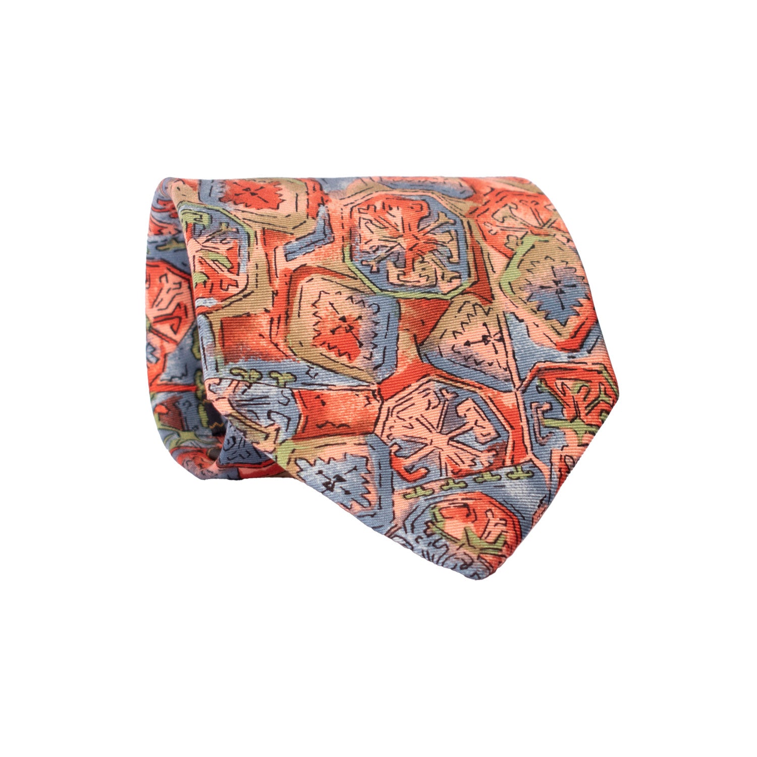 Cravatta Vintage in Twill di Seta Fantasia Rosa Arancione Ceruleo CV810 Rotolo