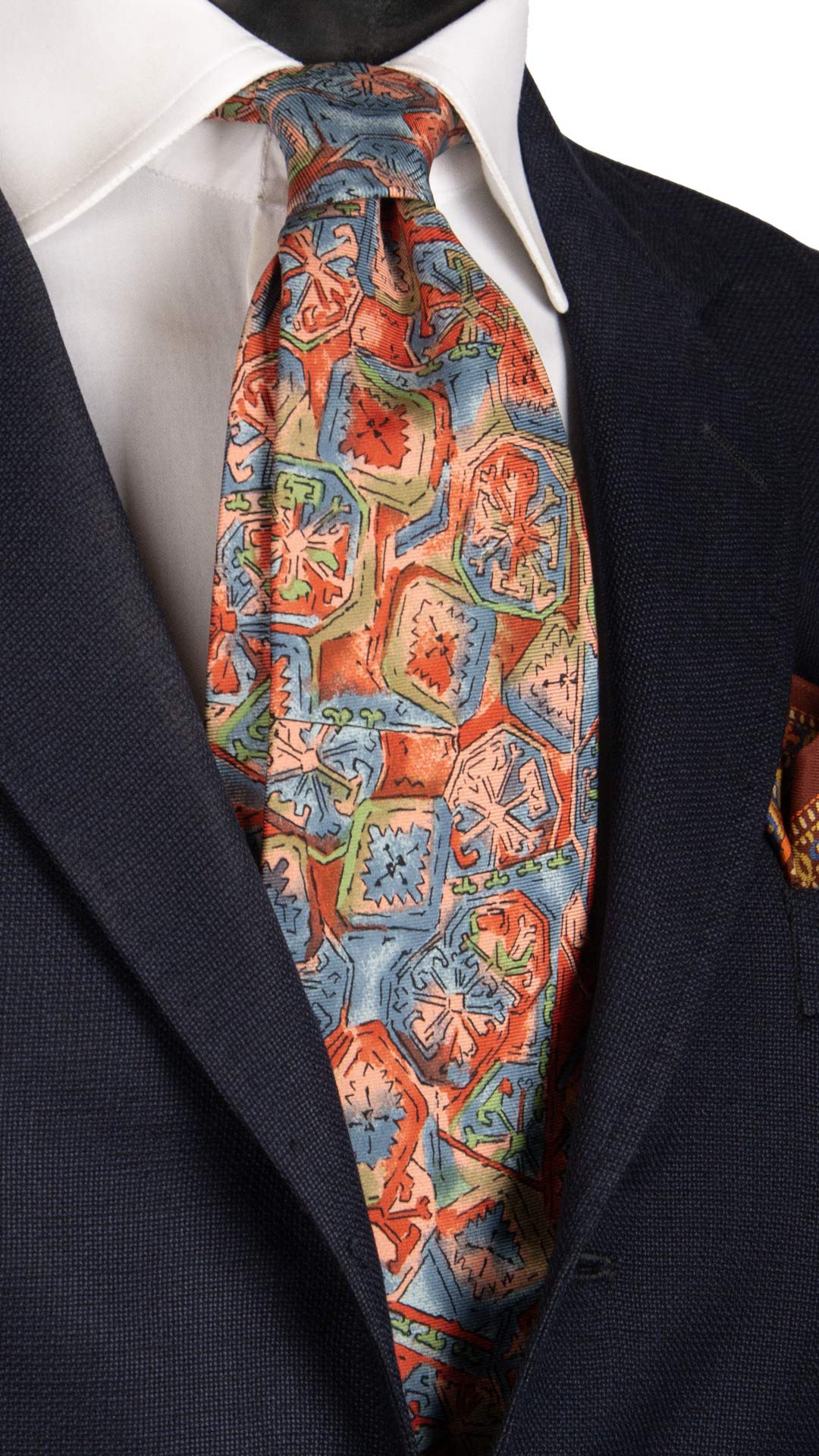 Cravatta Vintage in Twill di Seta Fantasia Rosa Arancione Ceruleo CV810 MAde in Italy Graffeo Cravatte