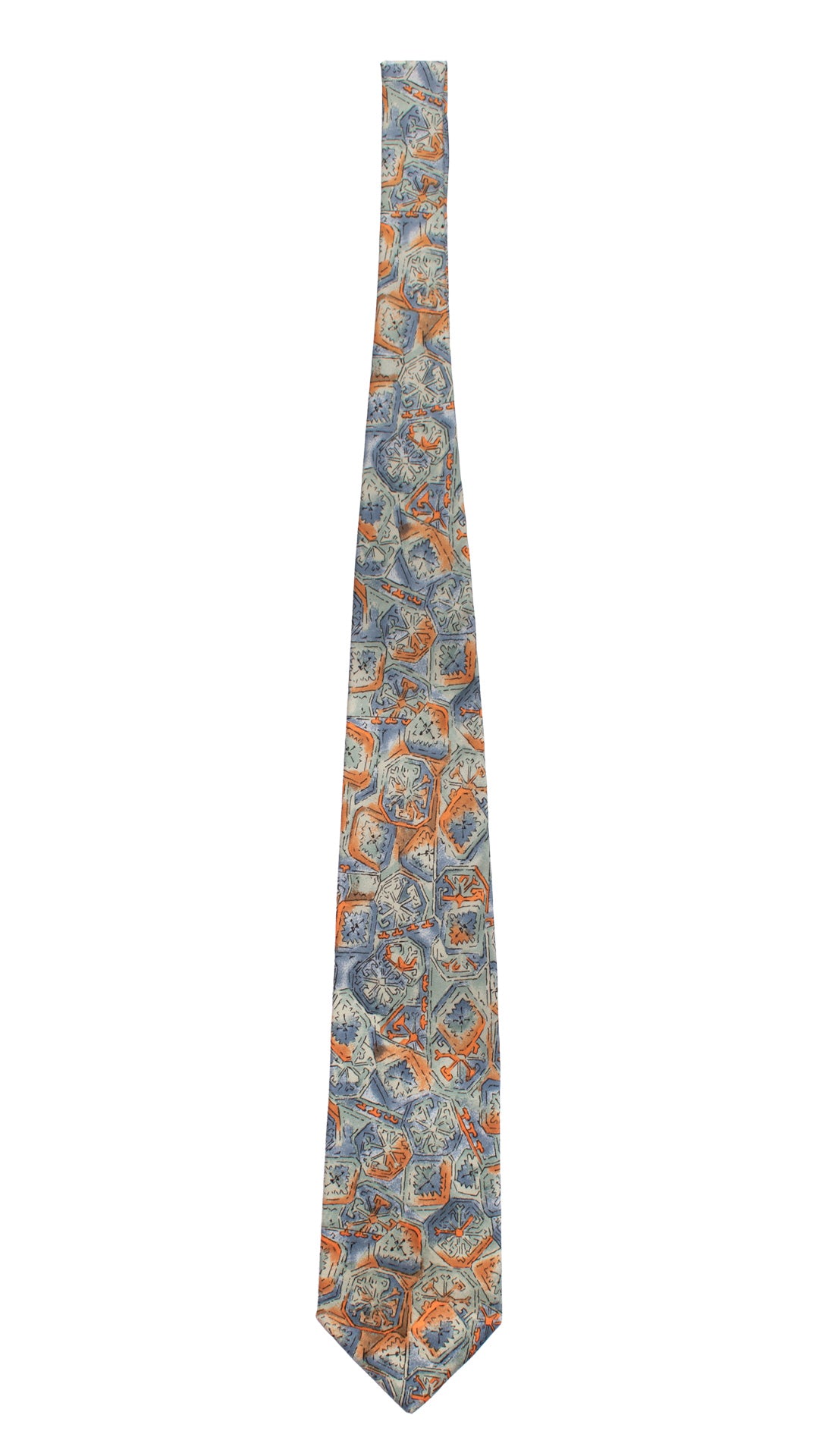 Cravatta Vintage in Twill di Seta Fantasia Verde Acqua Arancione Ceruleo CV809 Intera