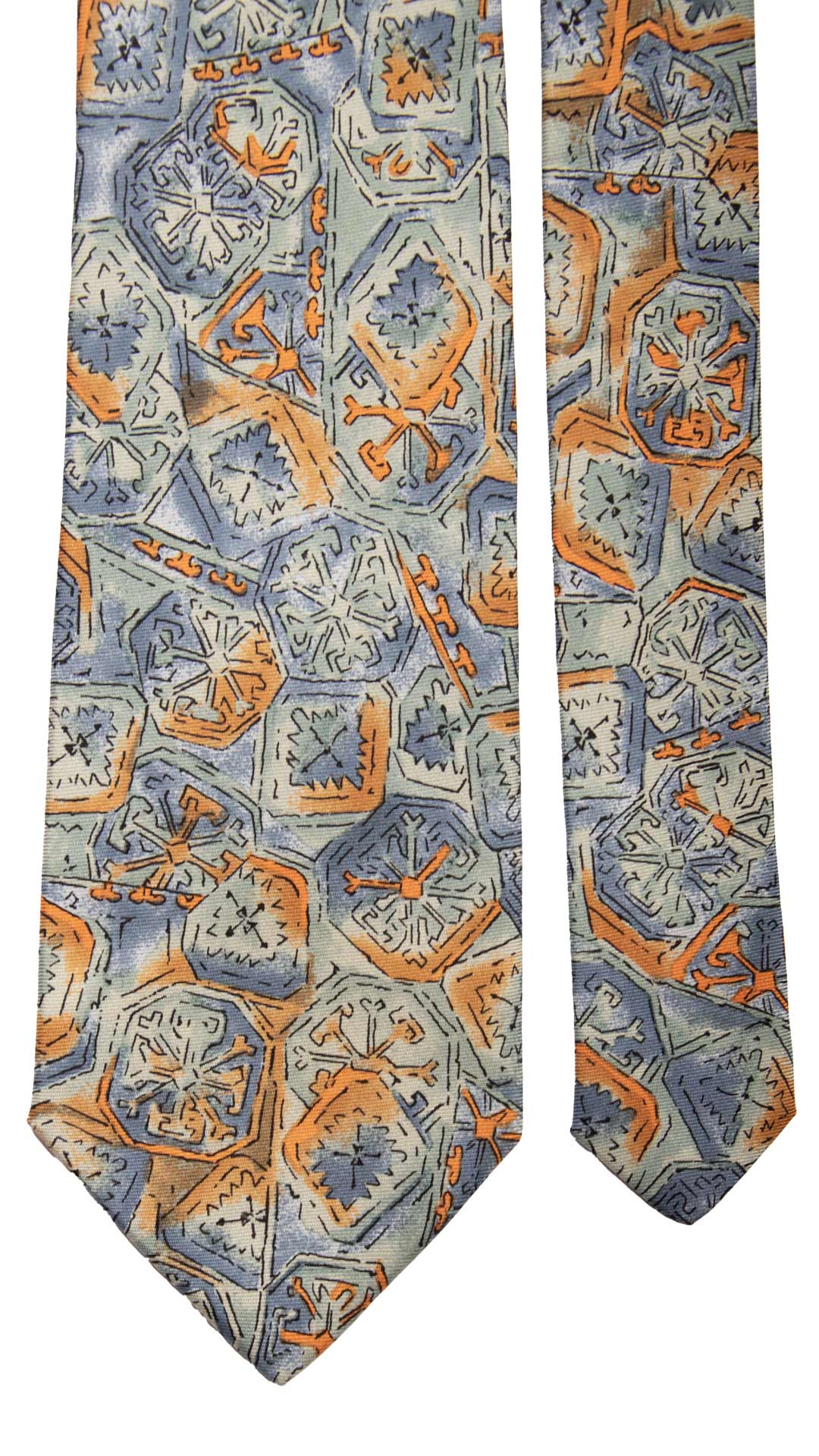Cravatta Vintage in Twill di Seta Fantasia Verde Acqua Arancione Ceruleo CV809 Pala