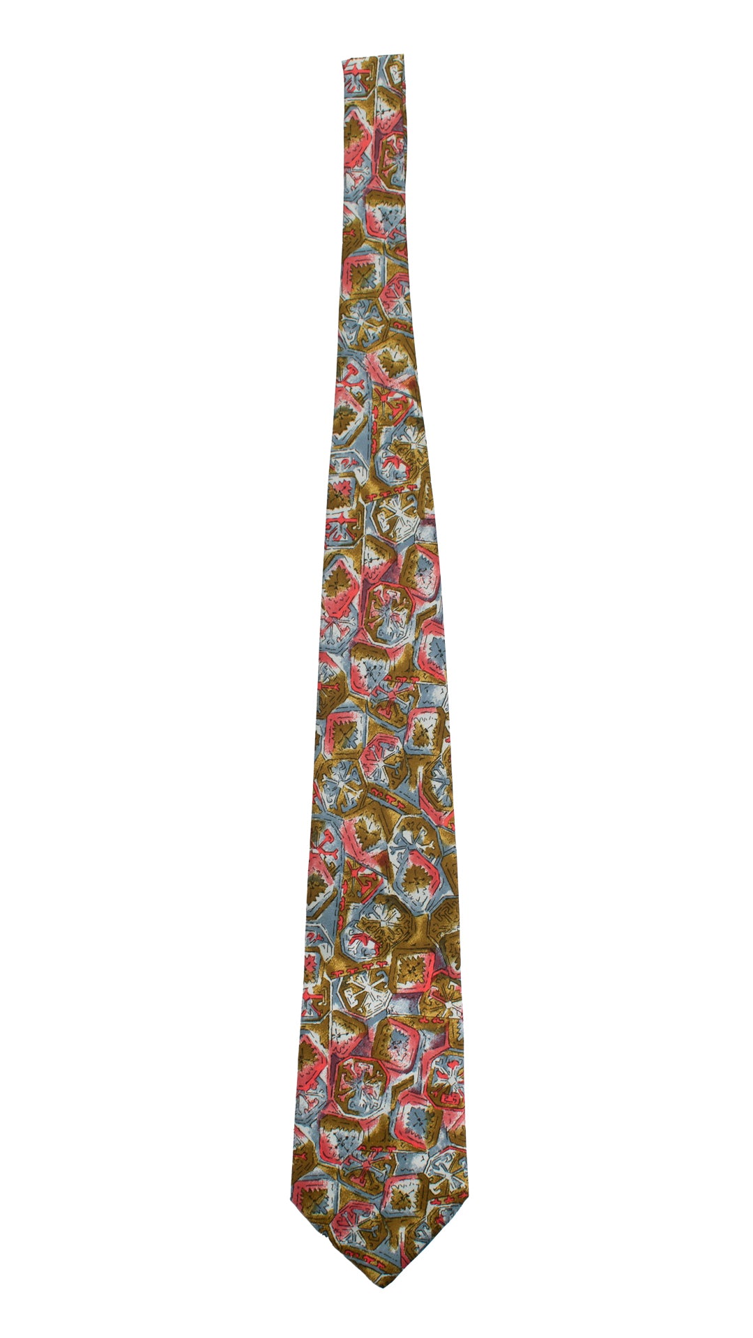 Cravatta Vintage in Twill di Seta Fantasia Verde Oliva Magenta Ceruleo CV798 Intera