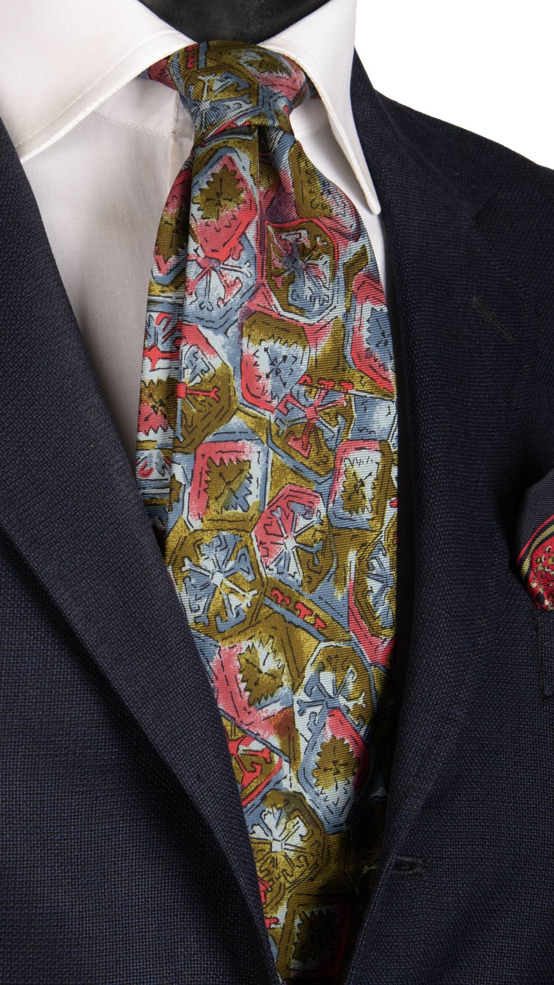 Cravatta Vintage in Twill di Seta Fantasia Verde Oliva Magenta Ceruleo CV798 made in Italy Graffeo Cravatte