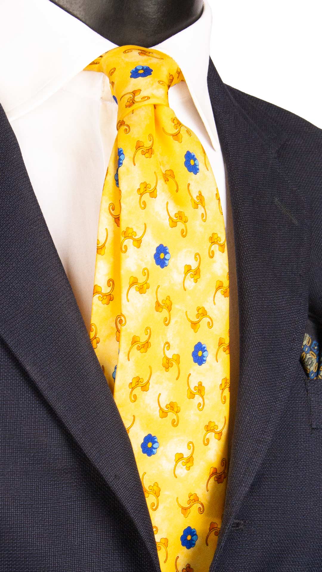 Cravatta Vintage in Twill di Seta Gialla a Fiori Bluette Gialli Oro CV1217 Made in Italy Graffeo Cravatte