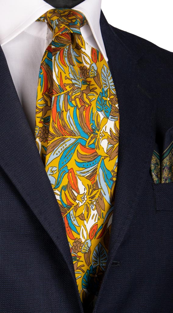 Cravatta Vintage in Twill di Seta Giallo Senape a Fiori Multicolor Made in Italy Graffeo Cravatte