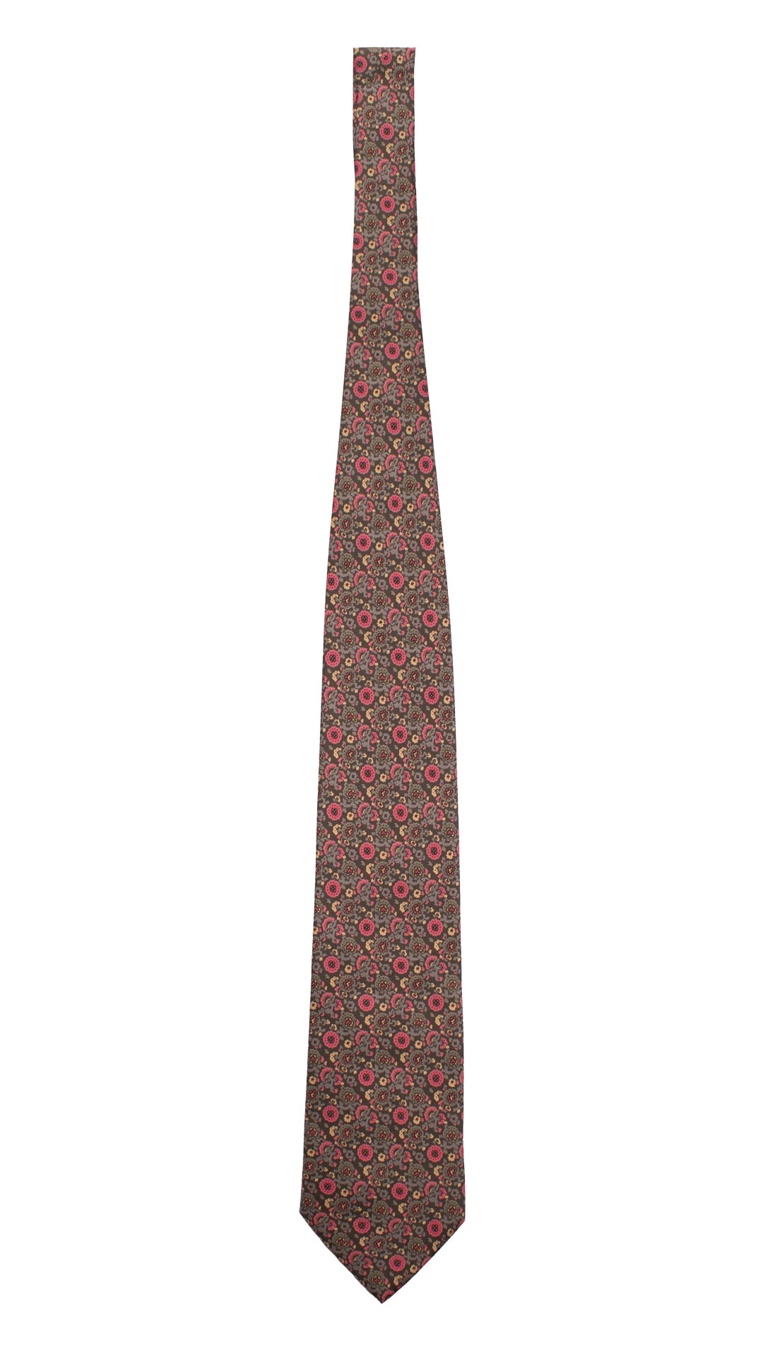 Cravatta Vintage in Twill di Seta Grigia A Fiori Magenta Grigi Beige CV765 Intera