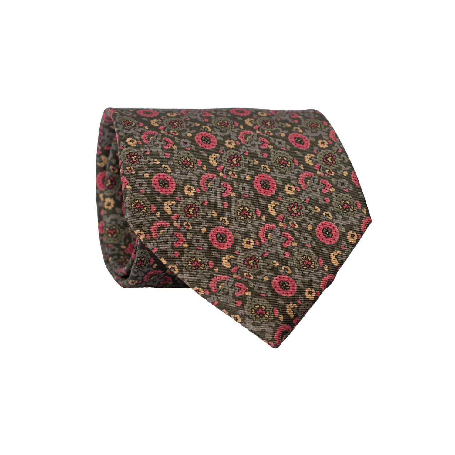 Cravatta Vintage in Twill di Seta Grigia A Fiori Magenta Grigi Beige CV765 Rotolo