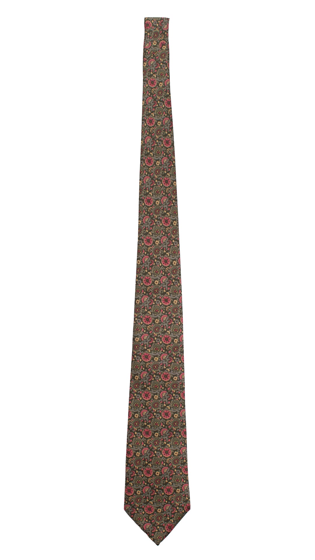 Cravatta Vintage in Twill di Seta Grigia A Fiori Magenta Grigi Beige CV767 Intera