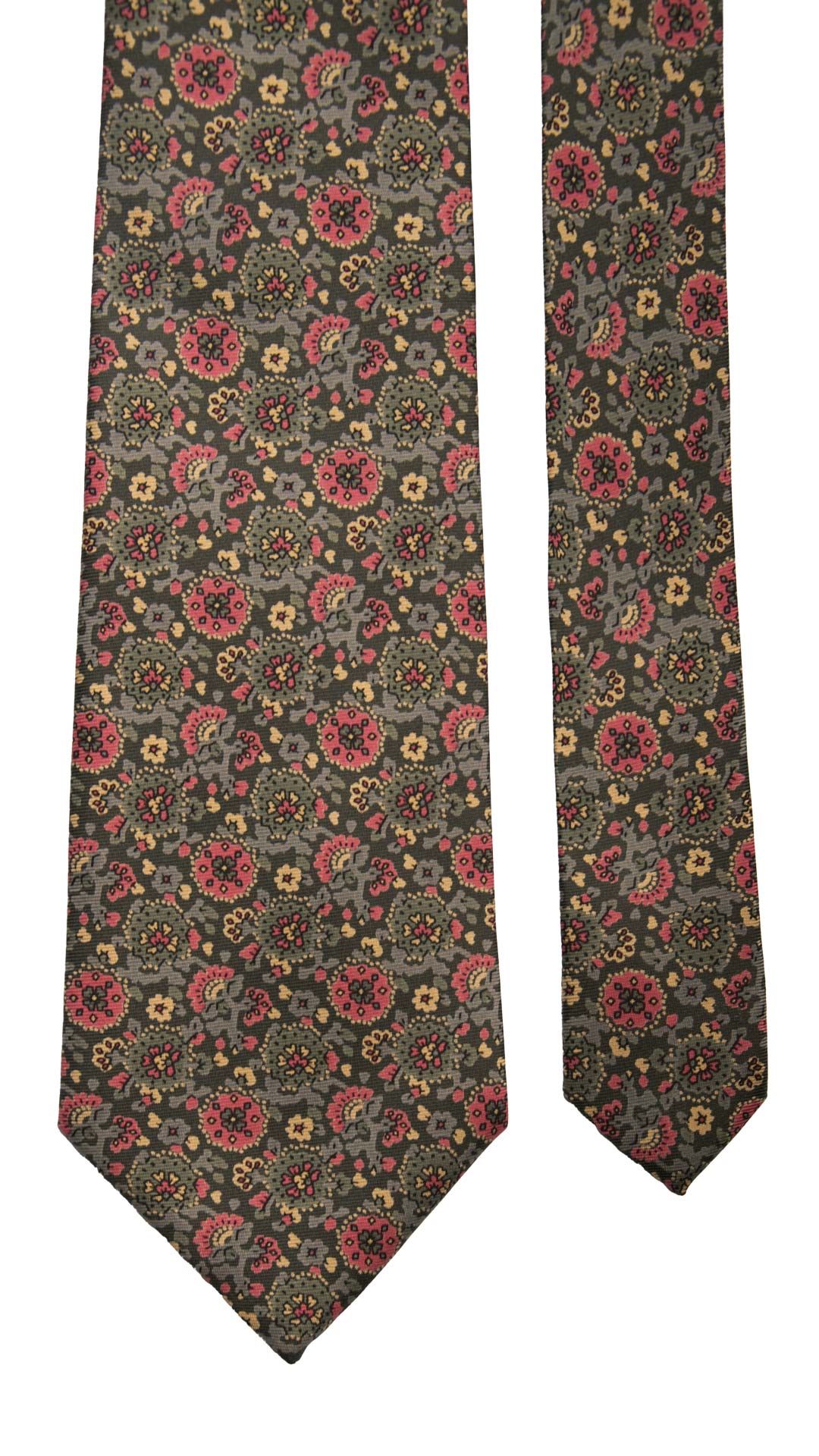 Cravatta Vintage in Twill di Seta Grigia A Fiori Magenta Grigi Beige CV767 Pala