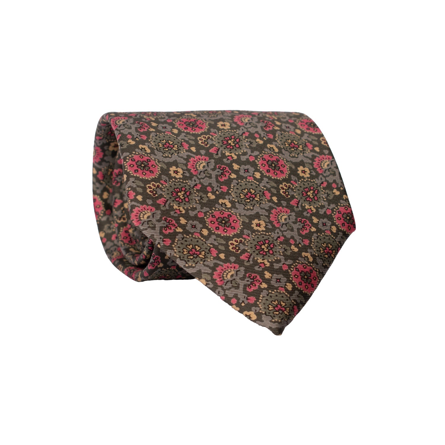 Cravatta Vintage in Twill di Seta Grigia A Fiori Magenta Grigi Beige CV767 Rotolo
