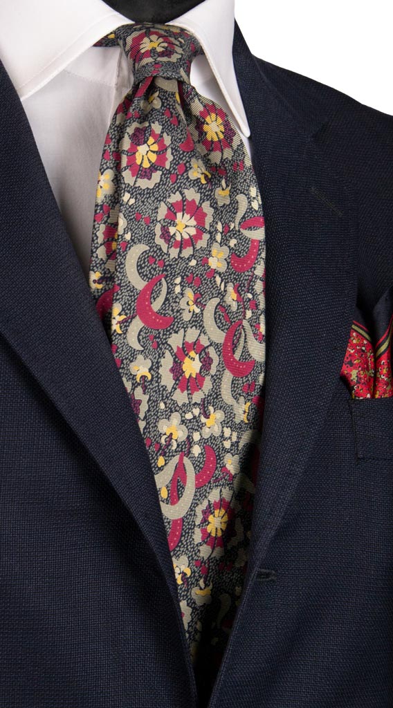 Cravatta Vintage in Twill di Seta Grigia Fantasia Rosso Beige Made in italy Graffeo Cravatte