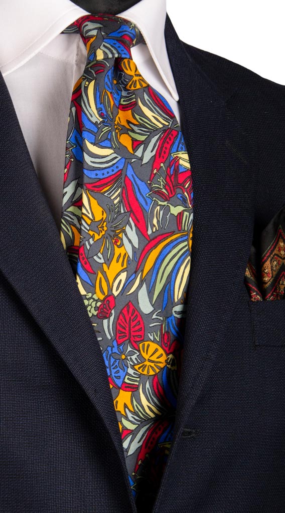 Cravatta Vintage in Twill di Seta Grigia a Fiori Multicolor Made in Italy Graffeo Cravatte