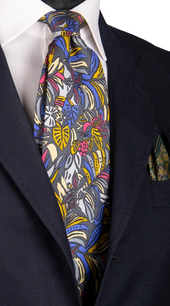 Cravatta Vintage in Twill di Seta Grigia a Fiori Multicolor Made in Italy graffeo Cravatte