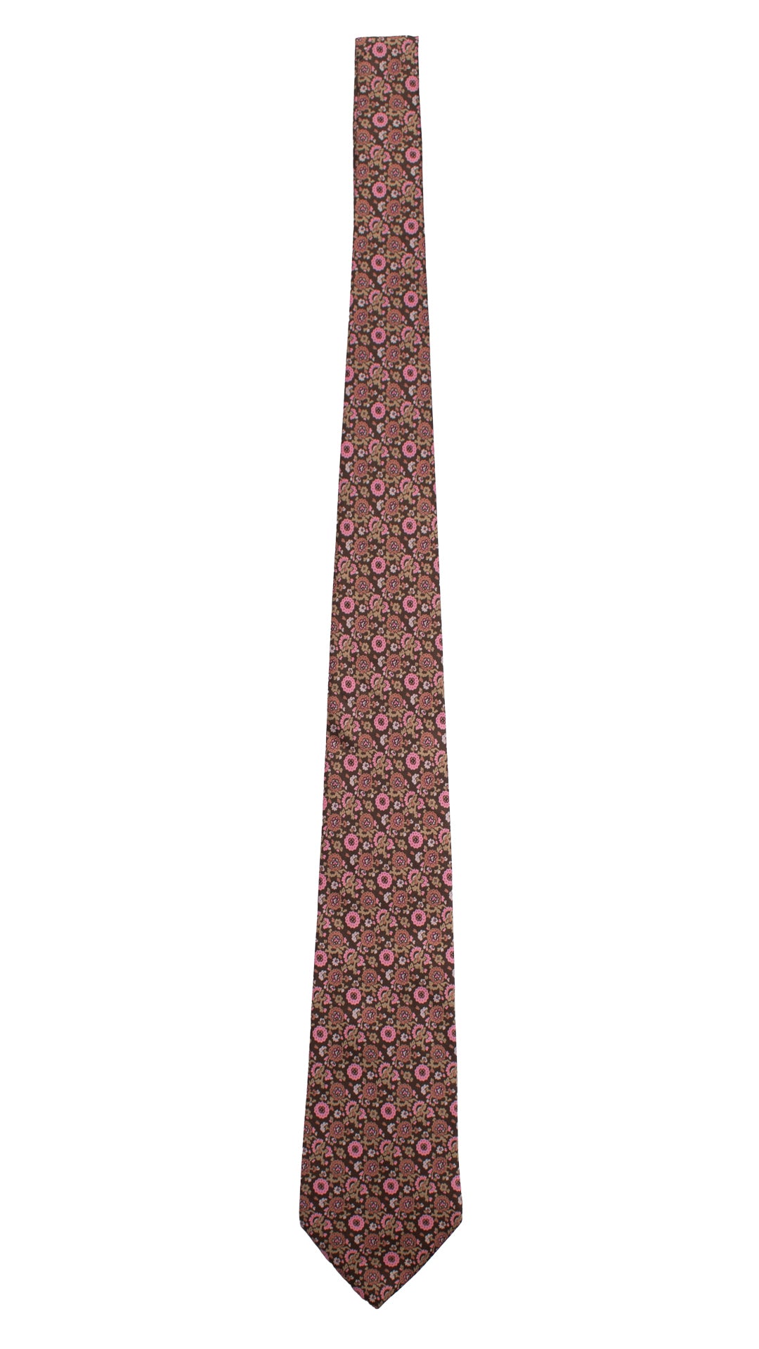 Cravatta Vintage in Twill di Seta Marrone A Fiori Rosa Rosa Antico Beige CV764 Intera