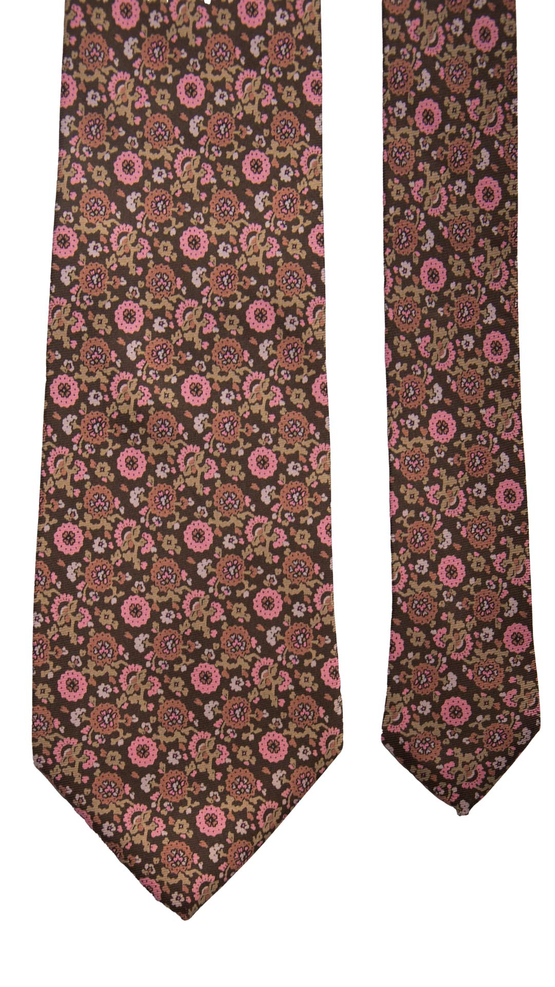 Cravatta Vintage in Twill di Seta Marrone A Fiori Rosa Rosa Antico Beige CV764 Pala