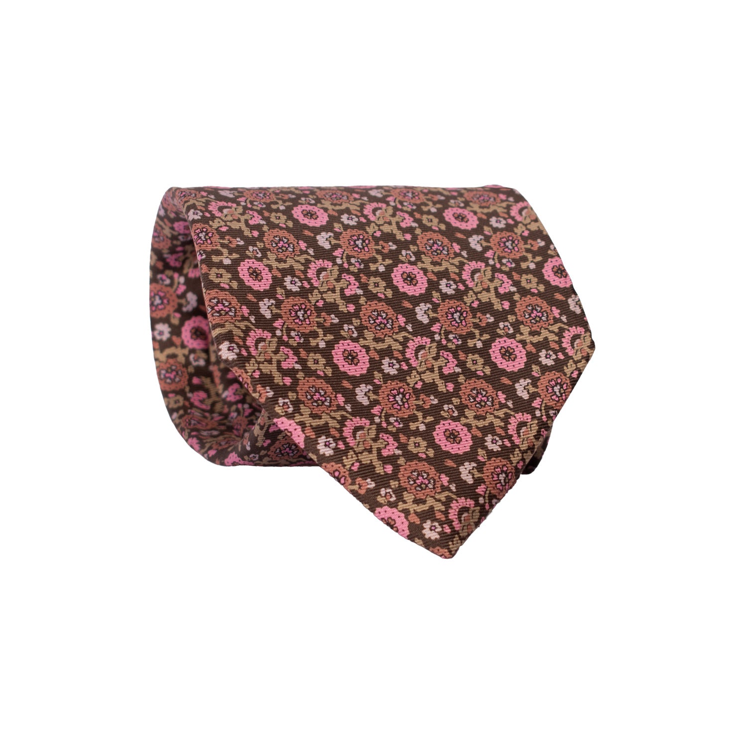 Cravatta Vintage in Twill di Seta Marrone A Fiori Rosa Rosa Antico Beige CV764 Rotolo