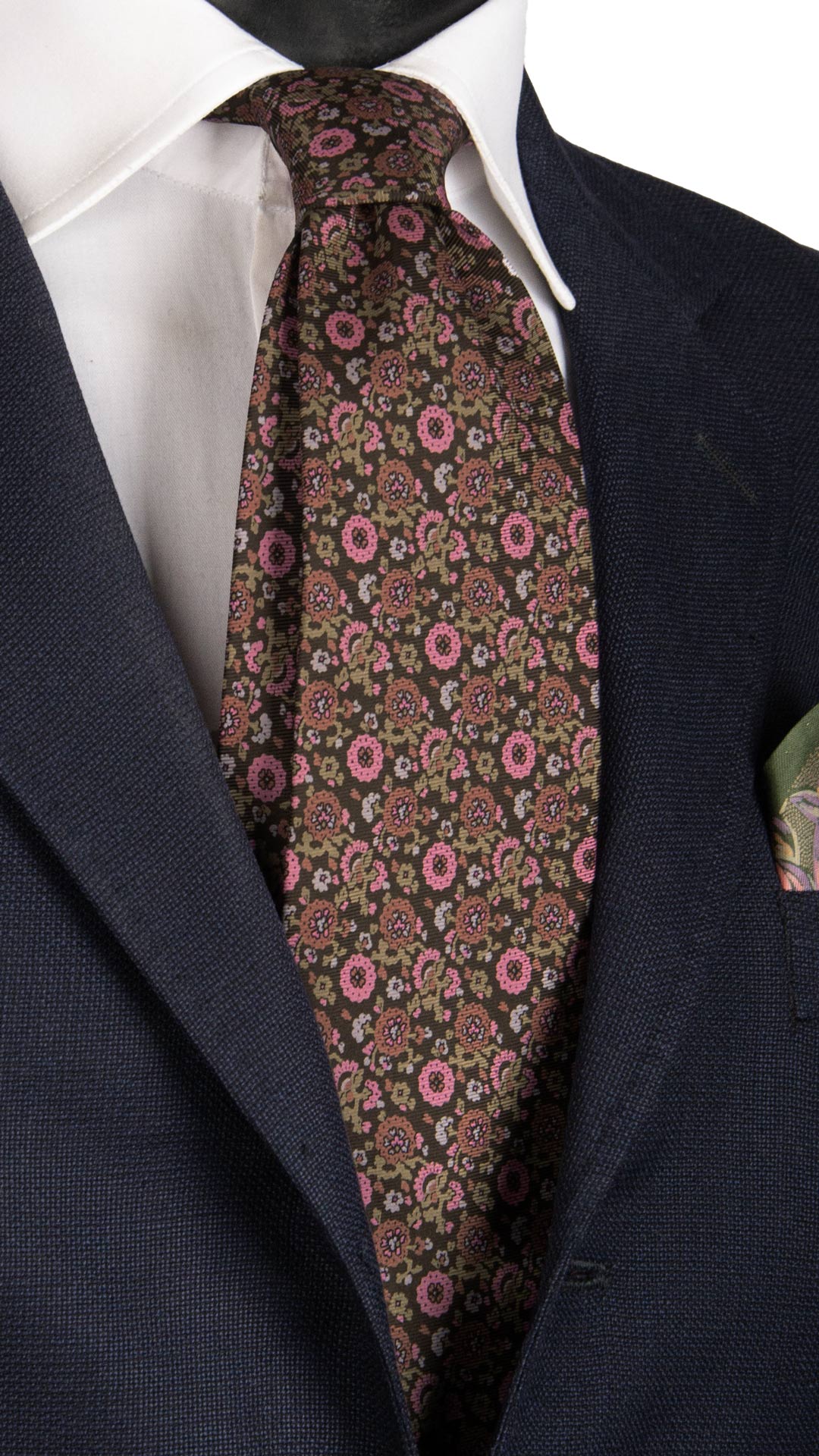 Cravatta Vintage in Twill di Seta Marrone A Fiori Rosa Rosa Antico Beige CV764 MAde in Italy Graffeo Cravatte