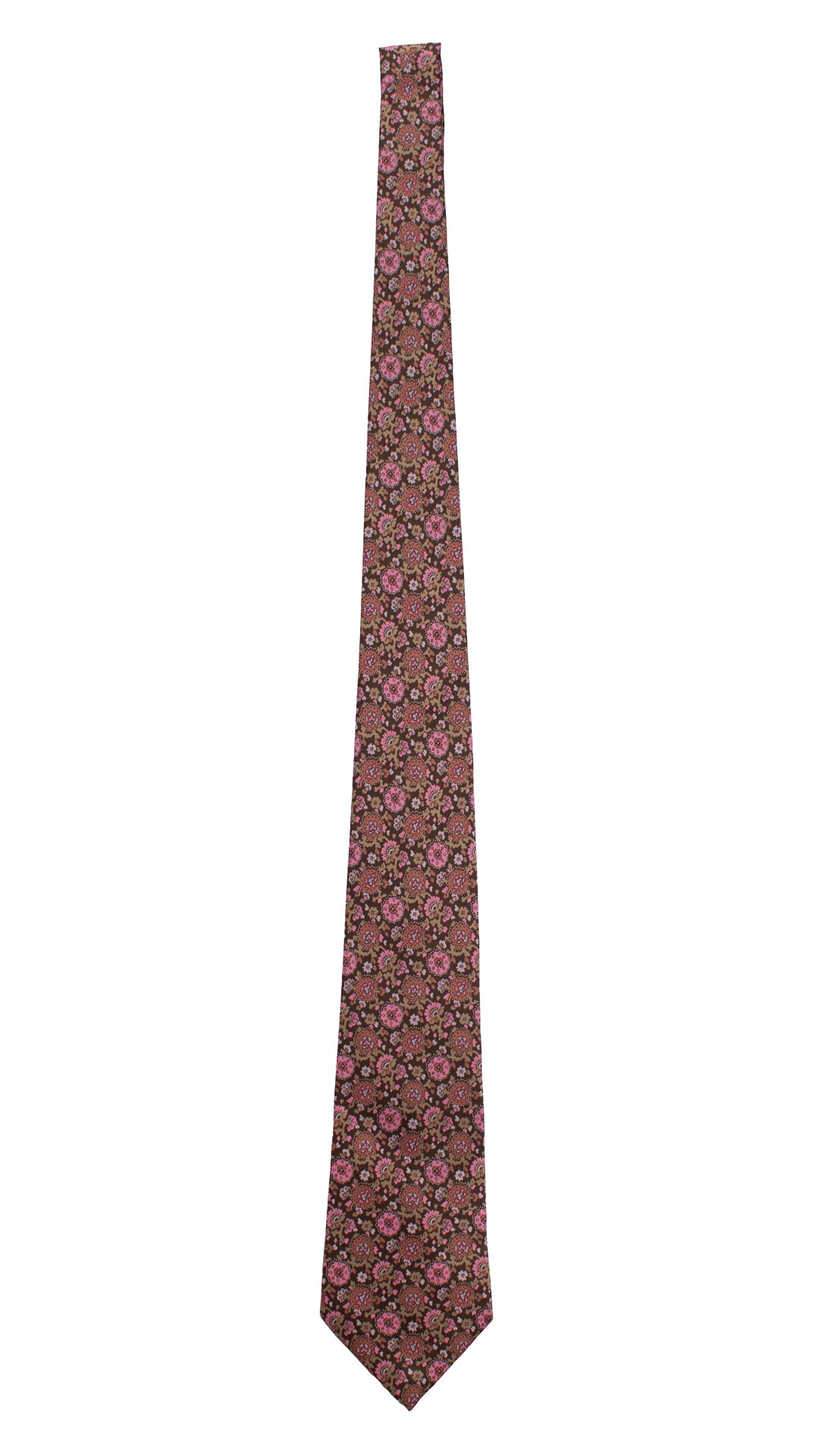 Cravatta Vintage in Twill di Seta Marrone A Fiori Rosa Rosa Antico Beige CV768 Intera
