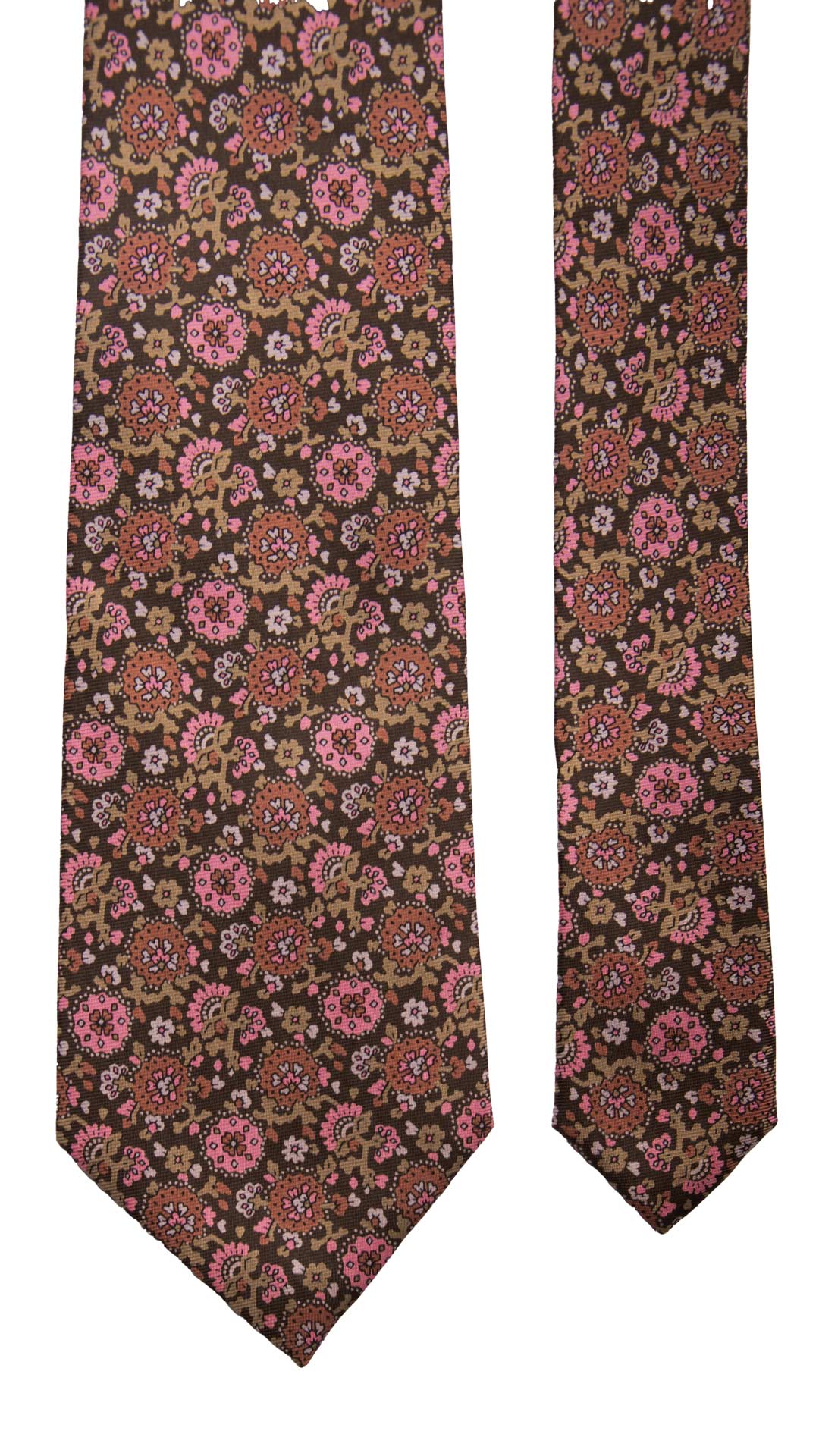 Cravatta Vintage in Twill di Seta Marrone A Fiori Rosa Rosa Antico Beige CV768 Pala