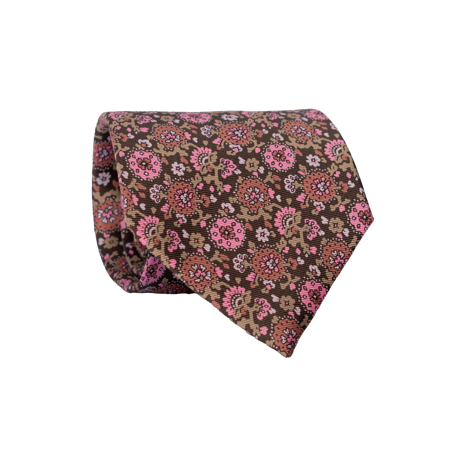 Cravatta Vintage in Twill di Seta Marrone A Fiori Rosa Rosa Antico Beige CV768 Rotolo