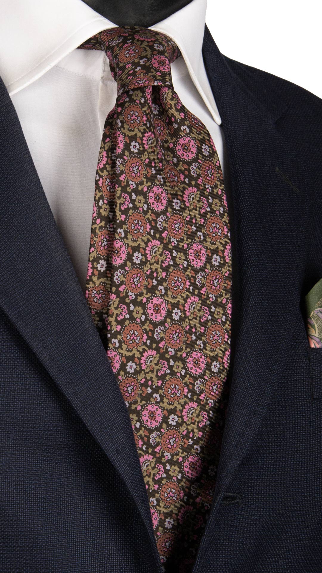 Cravatta Vintage in Twill di Seta Marrone A Fiori Rosa Rosa Antico Beige CV768 MAde in italy Graffeo Cravatte