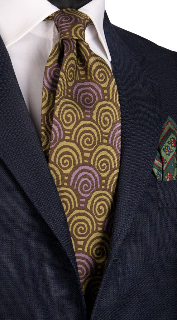 Cravatta Vintage in Twill di Seta Marrone Fantasia Verde Lilla Made in Italy Graffeo Cravatte